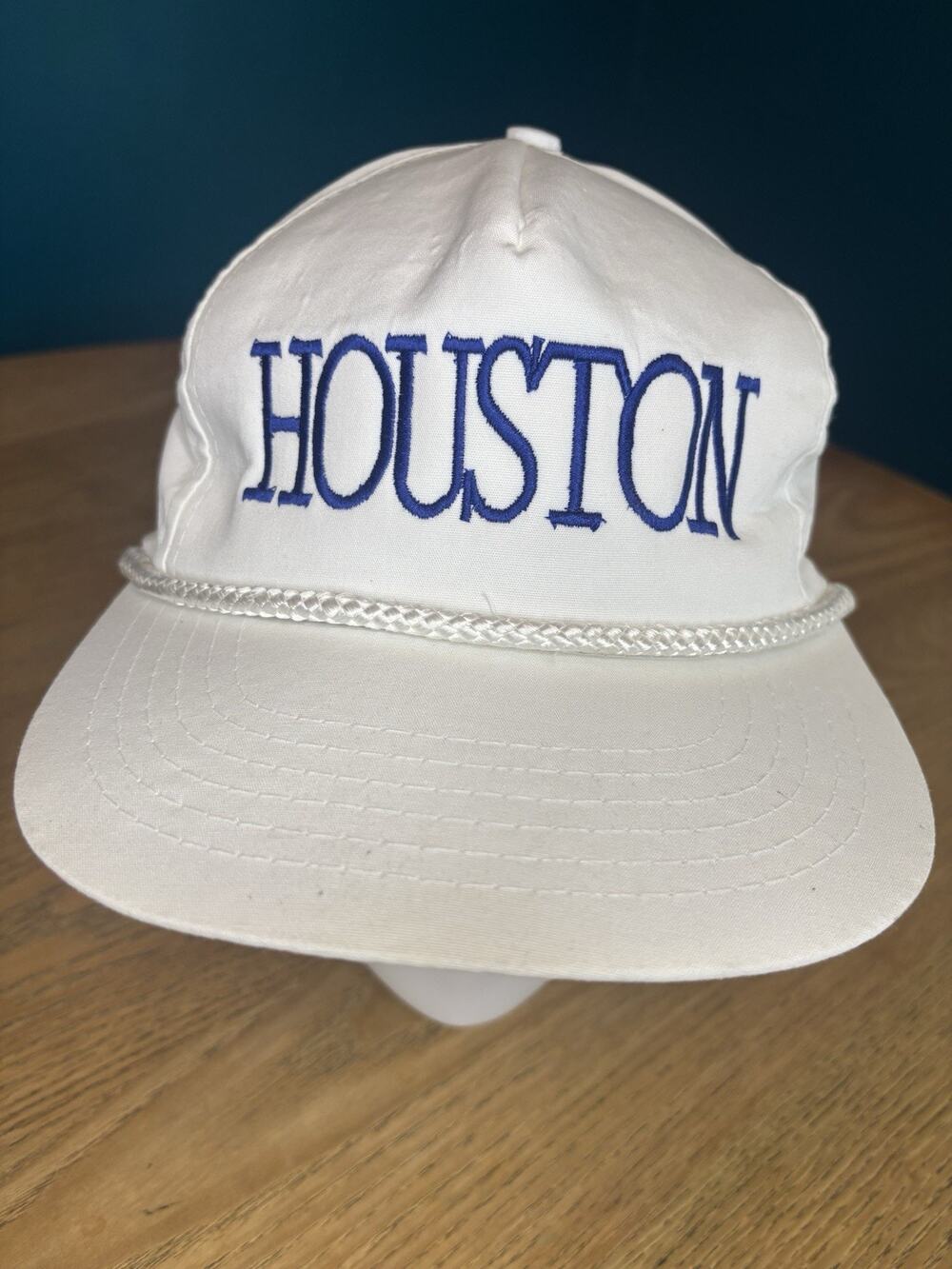 Vintage 80’s Houston Texas White Flat Bill Hat Cap Sellout White Blue Golf Prep